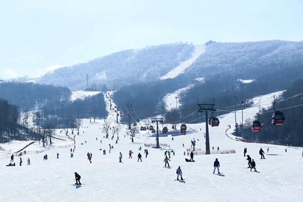 游客在吉林省吉林市万科松花湖滑雪场滑雪